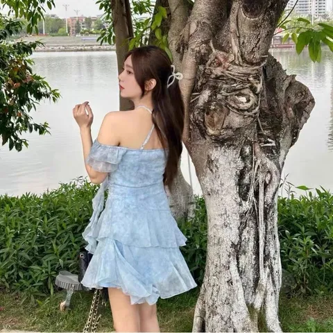 Váy voan loang xanh xếp bèo lệch tà trễ vai (XẢ SẴN)