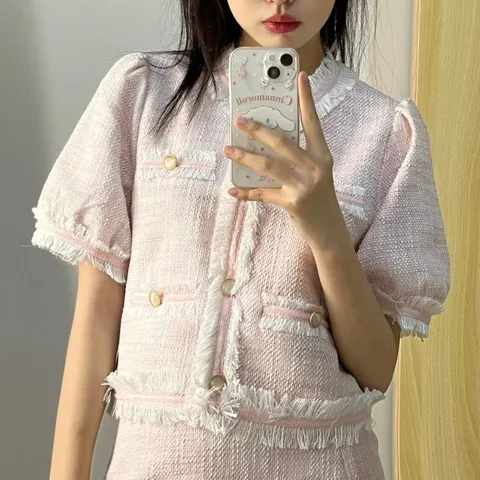 Set đầm hồng dạ gai vải tweet, hàng loại 1 của CHIC CLUB