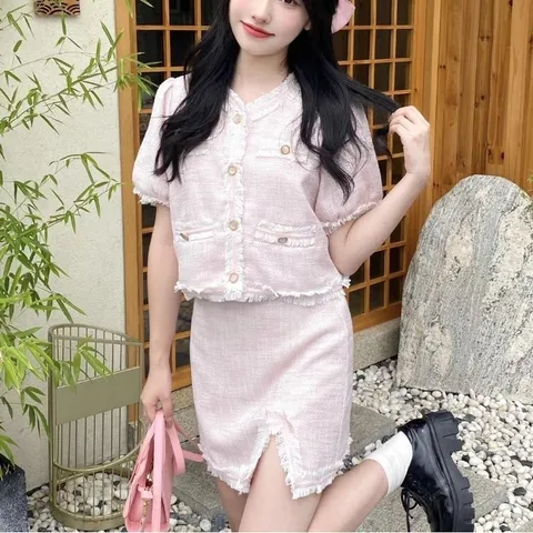 Set đầm hồng dạ gai vải tweet, hàng loại 1 của CHIC CLUB