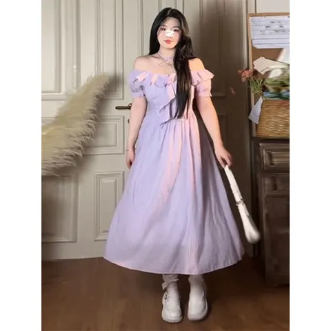 Váy voan tím dáng dài trễ vai bèo cúp ngực cho bigsize