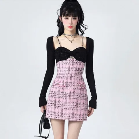 Đầm váy dạ gai hồng hai dây phối màu nơ đen. Set đầm body dạ hai dây