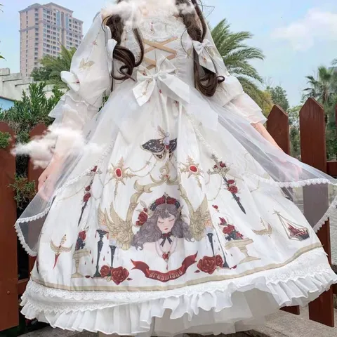 Váy đầm lolita trắng lưới cô gái cổ điển hoàng gia