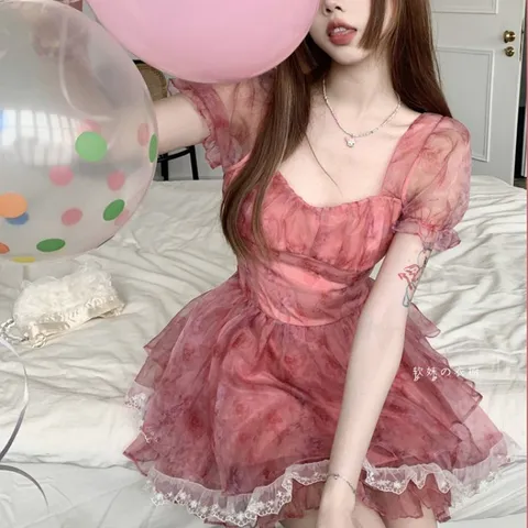 Váy xòe voan hoa hồng cúp ngực tiểu thư (sẵn xả)