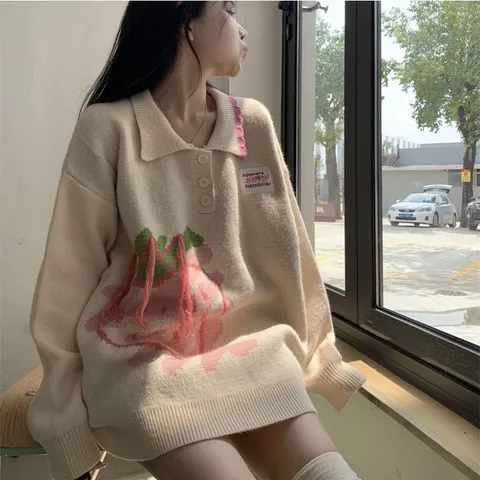 Áo len polo hình quả dâu hồng dễ thương. Áo len dáng rộng trẻ trung (XẢ)