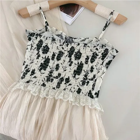 Váy hai dây đen da báo kiểu corset voan trắng