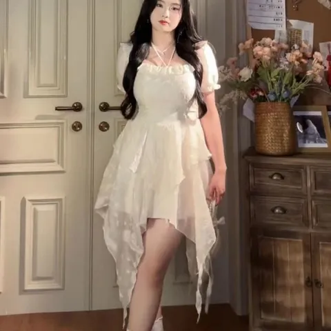 Váy voan xốp in hoa chìm chéo vạt tua rua cho bigsize (SẴN SIZE M,L,XL TRẮNG, M,L ĐEN)