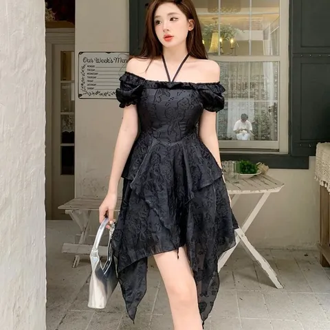 Váy voan xốp in hoa chìm chéo vạt tua rua cho bigsize (SẴN SIZE M,L,XL TRẮNG, M,L ĐEN)
