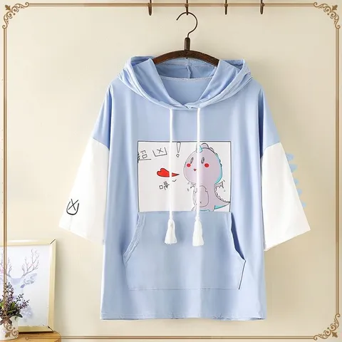 Áo hoodie nỉ in hình khủng long dễ thương. Áo thun nữ có mũ in hình. (xả hàng)