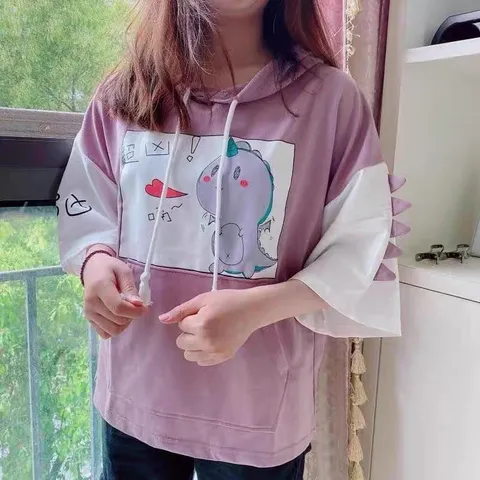 Áo hoodie nỉ in hình khủng long dễ thương. Áo thun nữ có mũ in hình. (xả hàng)