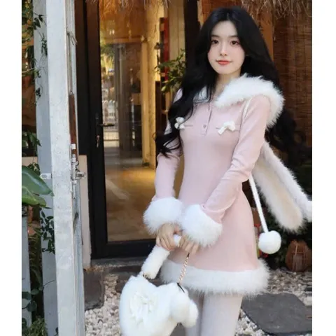 Đầm lông hồng mũ tai thỏ trắng đáng yêu mùa đông
