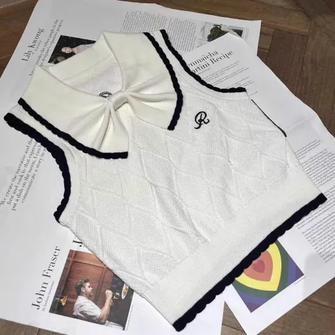Áo len dệt kim croptop cổ thắt nơ sát nách tiểu thư