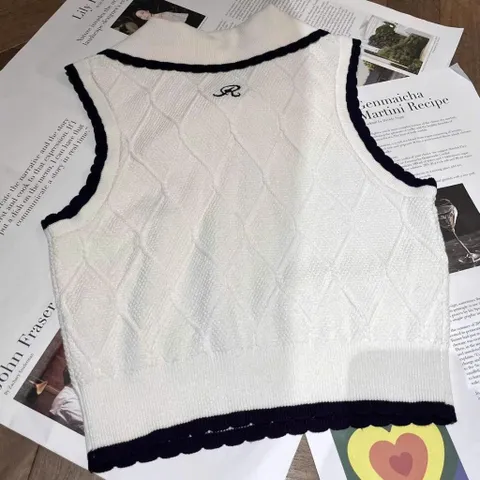 Áo len dệt kim croptop cổ thắt nơ sát nách tiểu thư