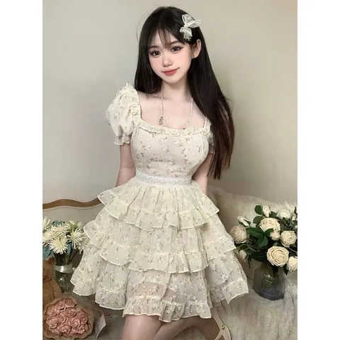 Váy voan hoa xếp tầng bèo phối viền eo ren dễ thương (sẵn xả)