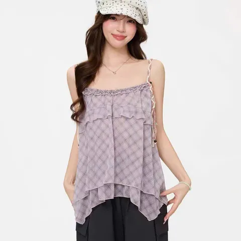 Áo Hai Dây Bèo Tầng Họa Tiết Caro Phối Nơ - Áo Kiểu Nữ 2 Dây Dáng Xòe Ulzzang Hàn Quốc