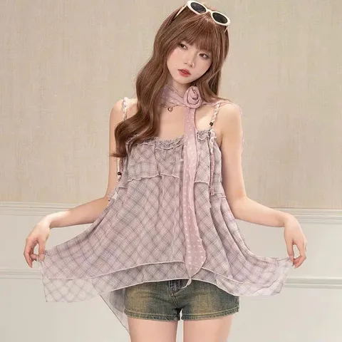 Áo Hai Dây Bèo Tầng Họa Tiết Caro Phối Nơ - Áo Kiểu Nữ 2 Dây Dáng Xòe Ulzzang Hàn Quốc