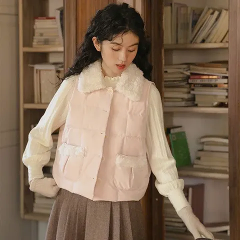 Áo phao gile hồng mỏng nhẹ phối lông cừu cổ bẻ dễ thương