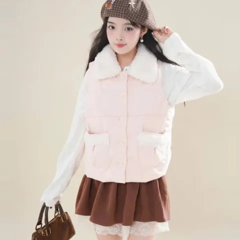 Áo phao gile hồng mỏng nhẹ phối lông cừu cổ bẻ dễ thương