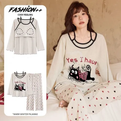 Bộ quần áo thun dài tay mặc ở nhà có sẵn mút ngực. Bộ ngủ mặc nhà dễ thương mùa đông