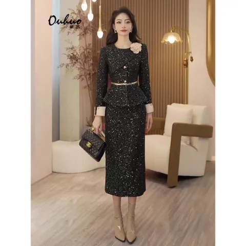 Set bộ đầm dạ vest kem óng ánh đuôi bèo sang trọng (SẴN)