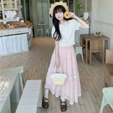 Set bộ váy voan hoa màu hồng phối áo kiểu bèo hoa nhí ngọt ngào tiểu thư