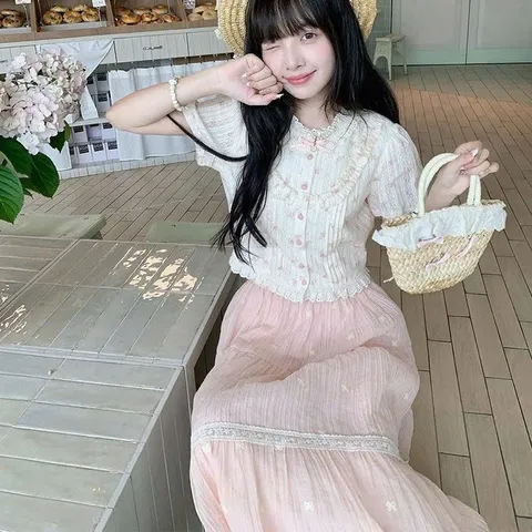 Set bộ váy voan hoa màu hồng phối áo kiểu bèo hoa nhí ngọt ngào tiểu thư