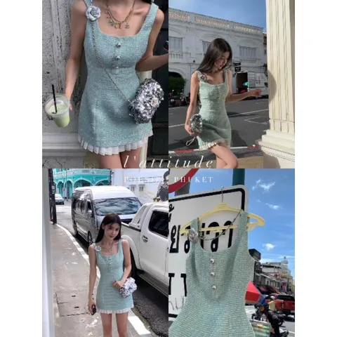 Đầm hai dây dạ gai xanh ngọc đính cúc phối bèo xếp ly trắng