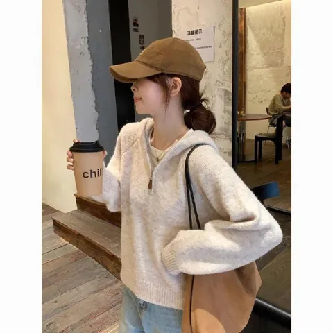 Áo len trơn có mũ khóa kéo trẻ trung đơn giản phong cách Hàn Quốc