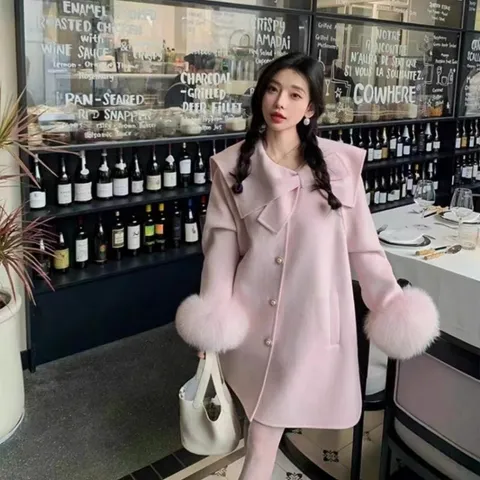Áo choàng dạ lông dáng rộng đính tay lông xù bông tiểu thư