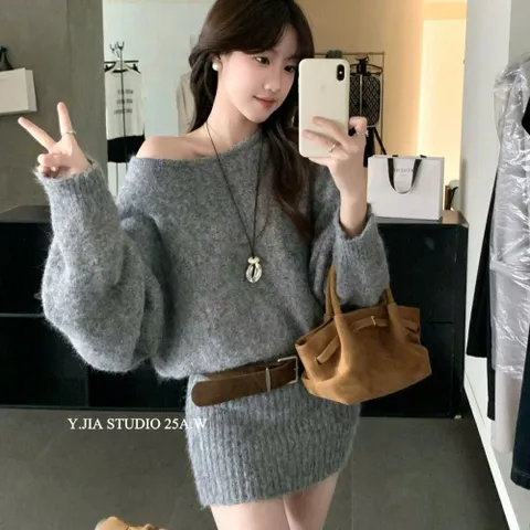 Đầm len dài tay trễ vai cánh dơi dáng phồng phối thắt lưng cá tính (SẴN THANH LÝ)