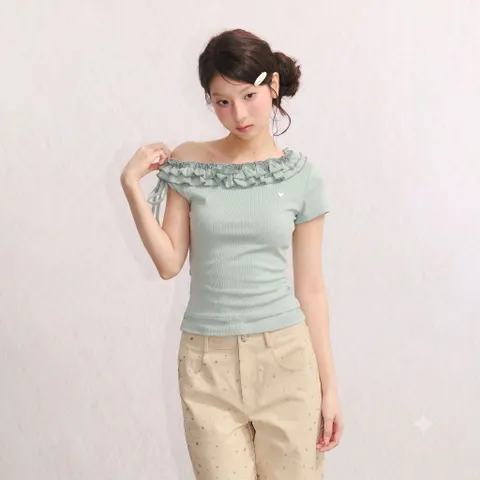 Áo thun xanh ngọc cổ bèo lệch vai co giãn dáng ôm cực xinh