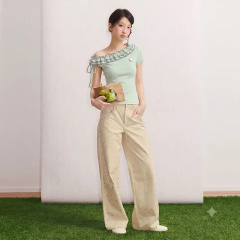 Áo thun xanh ngọc cổ bèo lệch vai co giãn dáng ôm cực xinh