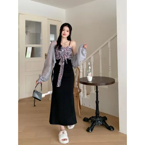Set váy hai dây thun đuôi cá phối voan hoa thắt nơ kèm áo khoác có bigsize (sẵn XẢ đen M)