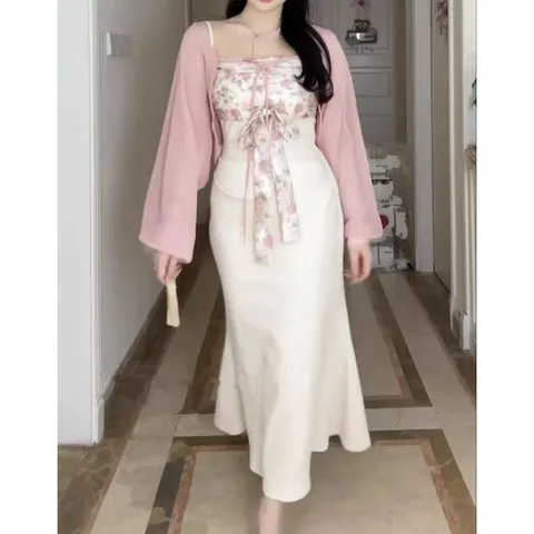 Set váy hai dây thun đuôi cá phối voan hoa thắt nơ kèm áo khoác có bigsize (sẵn XẢ đen M)