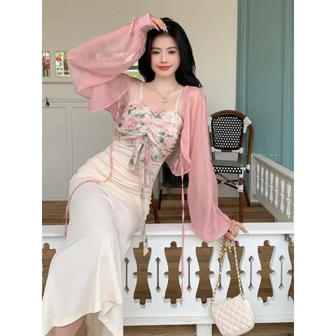 Set váy hai dây thun đuôi cá phối voan hoa thắt nơ kèm áo khoác có bigsize (sẵn XẢ đen M)