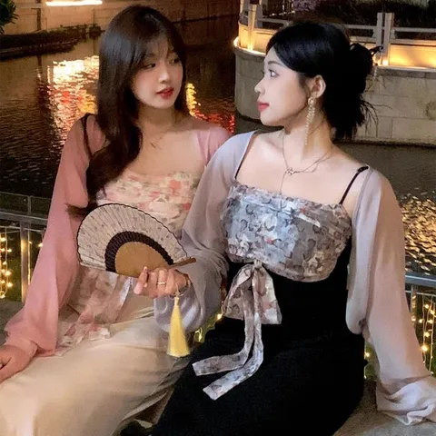 Set váy hai dây thun đuôi cá phối voan hoa thắt nơ kèm áo khoác có bigsize (sẵn XẢ đen M)
