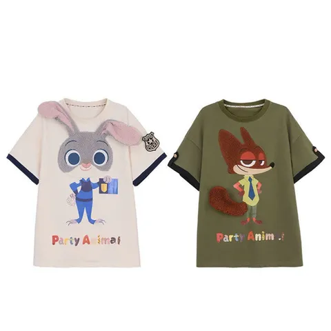 Áo phông mặc cặp đôi thêu hình thỏ và cáo Zootopia dễ thương. Áo thun đôi nam nữ cho cặp đôi tinh nghịch