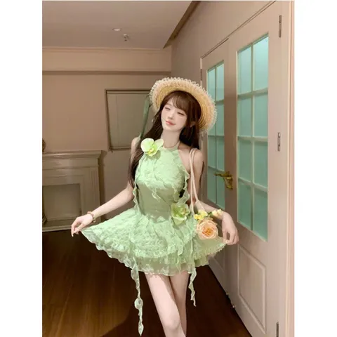 Váy cổ yếm voan lượn bèo tầng tua rua dáng xòe công chúa xanh pastel kiểu cổ tích nữ tính (XẢ)