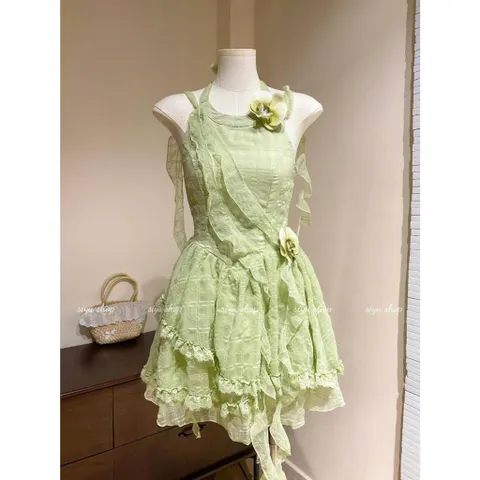 Váy cổ yếm voan lượn bèo tầng tua rua dáng xòe công chúa xanh pastel kiểu cổ tích nữ tính (XẢ)