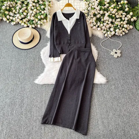 Set bộ đầm len dáng dài và áo polo đính cúc phối trắng thanh lịch trơn màu