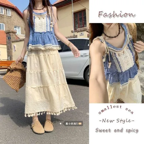 Set bộ áo dây cổ yếm xanh biển họa tiết thổ cẩm viền bèo ren trắng và chân váy hoa ren đi biển