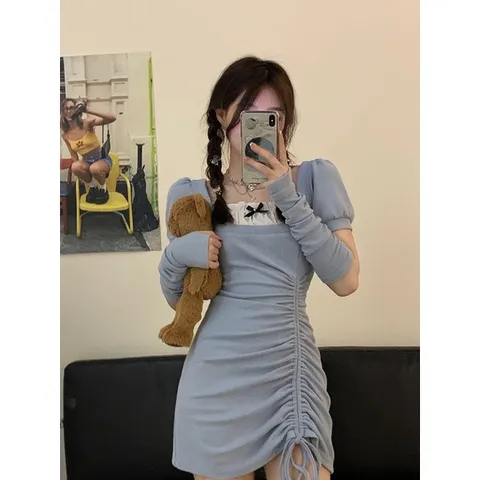 Đầm váy body rút dây cổ vuông phối bèo trắng tay rời