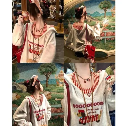 Set bộ hai món áo hoodie khoét cổ V phối yếm đỏ kẻ caro in hình chú cún dễ thương