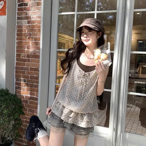 Áo Kiểu Nữ Chấm Bi Bèo Tầng Thắt Nơ Phối Áo Dây Mặc Trong Buộc Cổ (QCL1 Vải Linen)