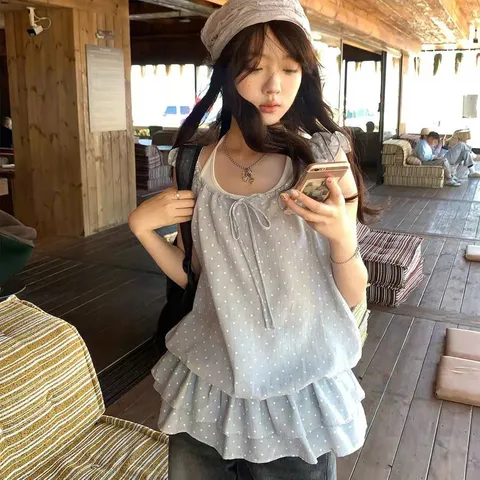 Áo Kiểu Nữ Chấm Bi Bèo Tầng Thắt Nơ Phối Áo Dây Mặc Trong Buộc Cổ (QCL1 Vải Linen)