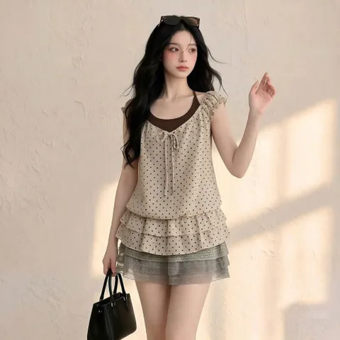 Áo Kiểu Nữ Chấm Bi Bèo Tầng Thắt Nơ Phối Áo Dây Mặc Trong Buộc Cổ (QCL1 Vải Linen)