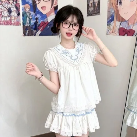 Set bộ áo babydoll viền ren và chân váy thô trắng họa tiết hoa xanh cổ tích kiểu Pháp dễ thương (SẴN)