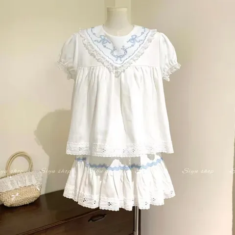 Set bộ áo babydoll viền ren và chân váy thô trắng họa tiết hoa xanh cổ tích kiểu Pháp dễ thương (SẴN)