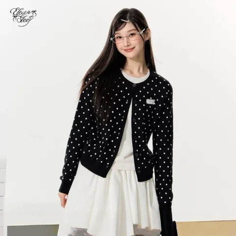 Áo khoác len cardigan 2 lớp cổ tròn chấm bi đen trắng cho nữ tiểu thư