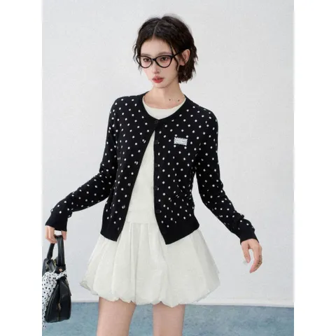 Áo khoác len cardigan 2 lớp cổ tròn chấm bi đen trắng cho nữ tiểu thư