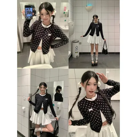 Áo khoác len cardigan 2 lớp cổ tròn chấm bi đen trắng cho nữ tiểu thư